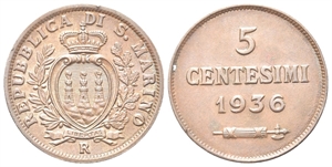 SAN MARINO - Vecchia monetazione, 1864-1938. - 5 Centesimi 1936.