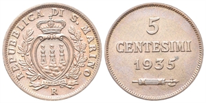 SAN MARINO - Vecchia monetazione, 1864-1938. - 5 Centesimi 1935.