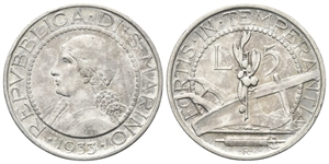 SAN MARINO - Vecchia monetazione, 1864-1938. - 5 Lire 1933.