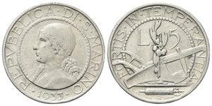 SAN MARINO - Vecchia monetazione, 1864-1938. - 5 Lire 1933.