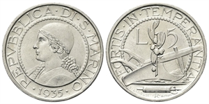 SAN MARINO - Vecchia monetazione, 1864-1938. - 5 Lire 1935.