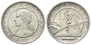 SAN MARINO - Vecchia monetazione, 1864-1938. - 5 Lire 1935.