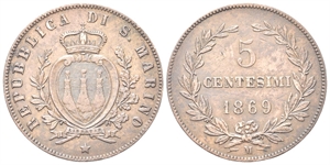 SAN MARINO - Vecchia monetazione, 1864-1938. - 5 Centesimi 1869.