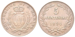 SAN MARINO - Vecchia monetazione, 1864-1938. - 5 Centesimi 1894.