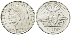 ROMA - Repubblica Italiana, dal 1946. - 500 Lire 1965, Dante Alighieri.