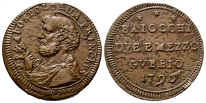 GUBBIO - Pio VI (Giannangelo Braschi), 1775-1799. - San Pietrino da 2 e ½ Baiocchi 1796.