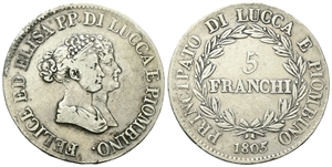 LUCCA E PIOMBINO - Felice e Elisa Baciocchi, 1805-1814. - 5 Franchi 1805, busti piccoli.
