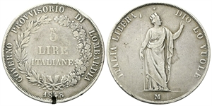 MILANO - Governo Provvisorio di Lombardia, 1848. - 5 Lire 1848 rami corti, base sottile, stella lontana.