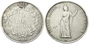 MILANO - Governo Provvisorio di Lombardia, 1848. - 5 Lire 1848 rami lunghi, base spessa, stella lontana.