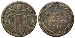 ROMA - Benedetto XIV (Prospero Lorenzo Lambertini), 1740-1758. - Quattrino 1755 a. XVI.
