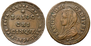 ROMA - Pio VI (Giannangelo Braschi), 1775-1799. - Madonnina da 5 Baiocchi 1797 a. XXIII (busto grande).