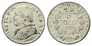 ROMA - Pio IX (Giovanni Maria Mastai Ferretti), 1846-1878. - 5 Soldi 1866 a. XXI.