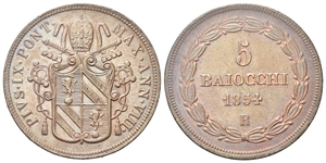 ROMA - Pio IX (Giovanni Maria Mastai Ferretti), 1846-1878. - 5 Baiocchi 1854 a. VIII.