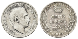 COLONIA SOMALA - Vittorio Emanuele III, 1909-1925. - Quarto di Rupia 1910, Roma.