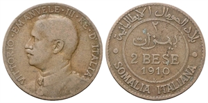 COLONIA SOMALA - Vittorio Emanuele III, 1909-1925. - 2 Bese 1910 Roma.