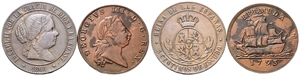 BERMUDA SPAGNA - Giorgio III, e Isabella II di Spagna. - Lotto di 2 monete estere: Penny 1793 e 5 Centesimi 1868.