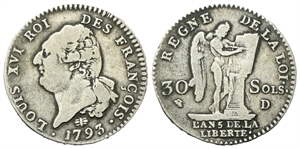 FRANCIA - Luigi XVI di Borbone, Periodo Costituzionale, 1791-1793. - 30 Sols 1793 D, zecca di Lione.