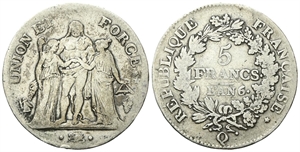 FRANCIA - Prima Repubblica, 1792-1804. - 5 Franchi a. 6 (1797) Q, Perpignan.