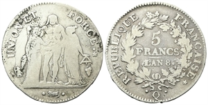 FRANCIA - Prima Repubblica, 1792-1804. - 5 Franchi  a. 8 (1799) Q, Perpignan.