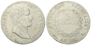 FRANCIA - Napoleone Bonaparte, primo Console, 1799-1804. - 5 Franchi  AN 12 (1803-1804) A Parigi.