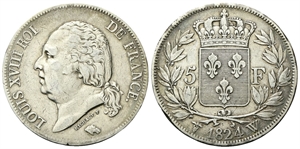 FRANCIA - Luigi XVIII di Borbone, Secondo governo 1815-1824. - 5 Franchi 1824 W, Zecca di Lille.
