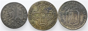 SVIZZERA - Cantoni di Basilea, Ginevra, Vaduz. - Lotto 3 monete svizzere; 10 Centesimi 1839 Ginevra (Mi), 1 Batz 1832 Vaud (Mi), 3 Batz 1809 Basilea (Ag).