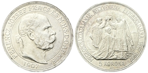 UNGHERIA - Francesco Giuseppe I d’Asburgo Lorena, 1848-1916. - 5 Corone 1907, 40° anniversario dell’Incoronazione di Francesco Giuseppe I.
