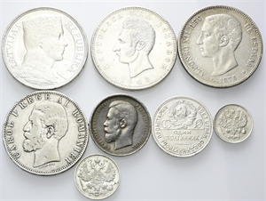 LOTTI MULTIPLI - XIX- XX secolo - Lotto di 8 monete straniere in argento (Lettonia, Ecuador, Spagna, Romania, Russia), da esaminare.