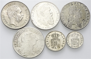 LOTTI MULTIPLI - XVIII-XIX secolo. - Lotto di 6 monete in argento e mistura estere (Germania e Polonia): 6 Kreuzer, 3 Kreuzer, 2 Mark, 1/3 Reichstaler.