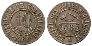 VALLE d’AOSTA - Società delle miniere di Ollomont. Fonderia di Valpelline. - 10 Centesimi 1868.