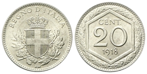REGNO D’ITALIA - Vittorio Emanuele III, 1900-1943. - 20 Centesimi 1918 Rigato Roma, Esagono.