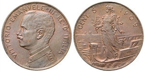REGNO D’ITALIA - Vittorio Emanuele III, 1900-1943. - 5 Centesimi 1909 Roma, Italia su prora.