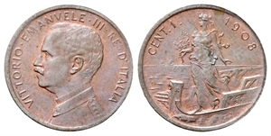 REGNO D’ITALIA - Vittorio Emanuele III, 1900-1943. - Centesimo 1908 Roma, Italia su prora.