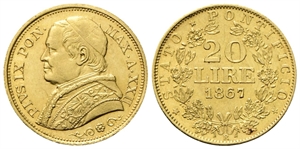 ROMA - Pio IX (Giovanni Maria Mastai Ferretti), 1846-1878. - 20 Lire 1867 a. XXII, busto medio.