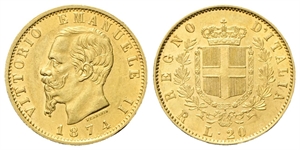 REGNO D’ITALIA - Vittorio Emanuele II, 1861-1878. - 20 Lire 1874 Roma.